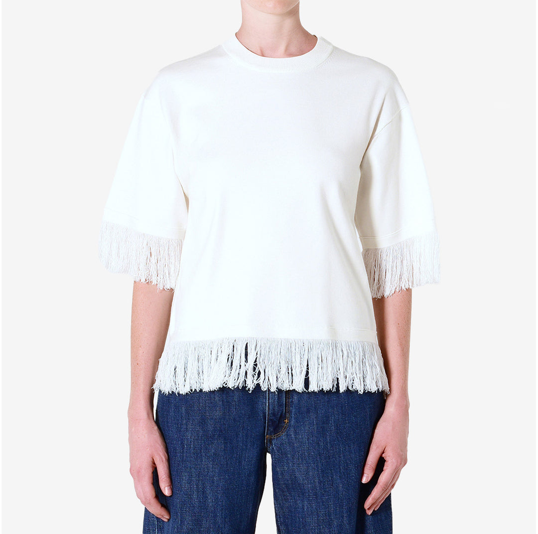 Vit stickad topp med fransar i viskos och polyester – Marrakech Fringe Knit