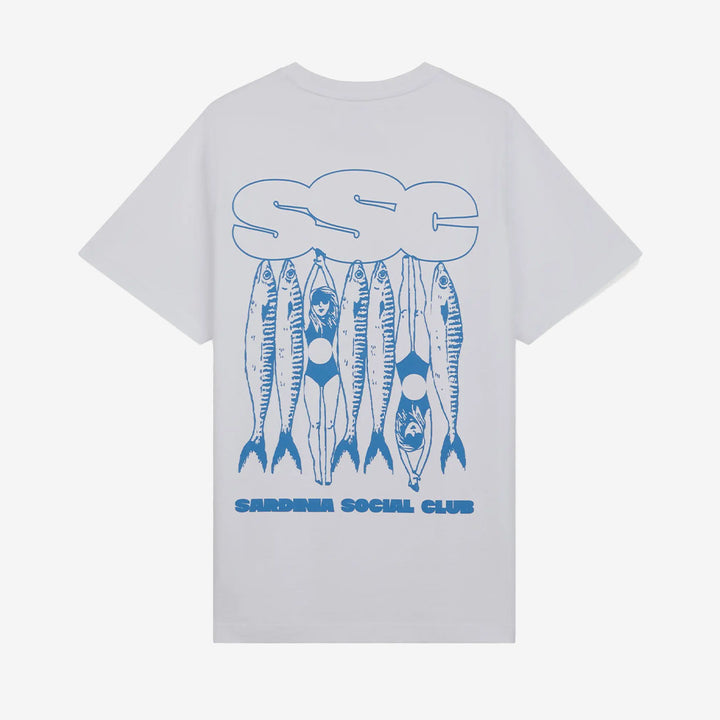 Pica Pica SSC Swimmers Tee – vit bomulls-t-shirt med blå grafik av simmare på ryggen