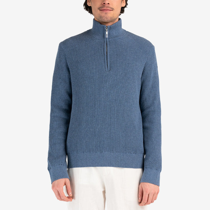 Pelle P Tiller Half Zip WB Denim Melange stickad tröja med halv dragkedja