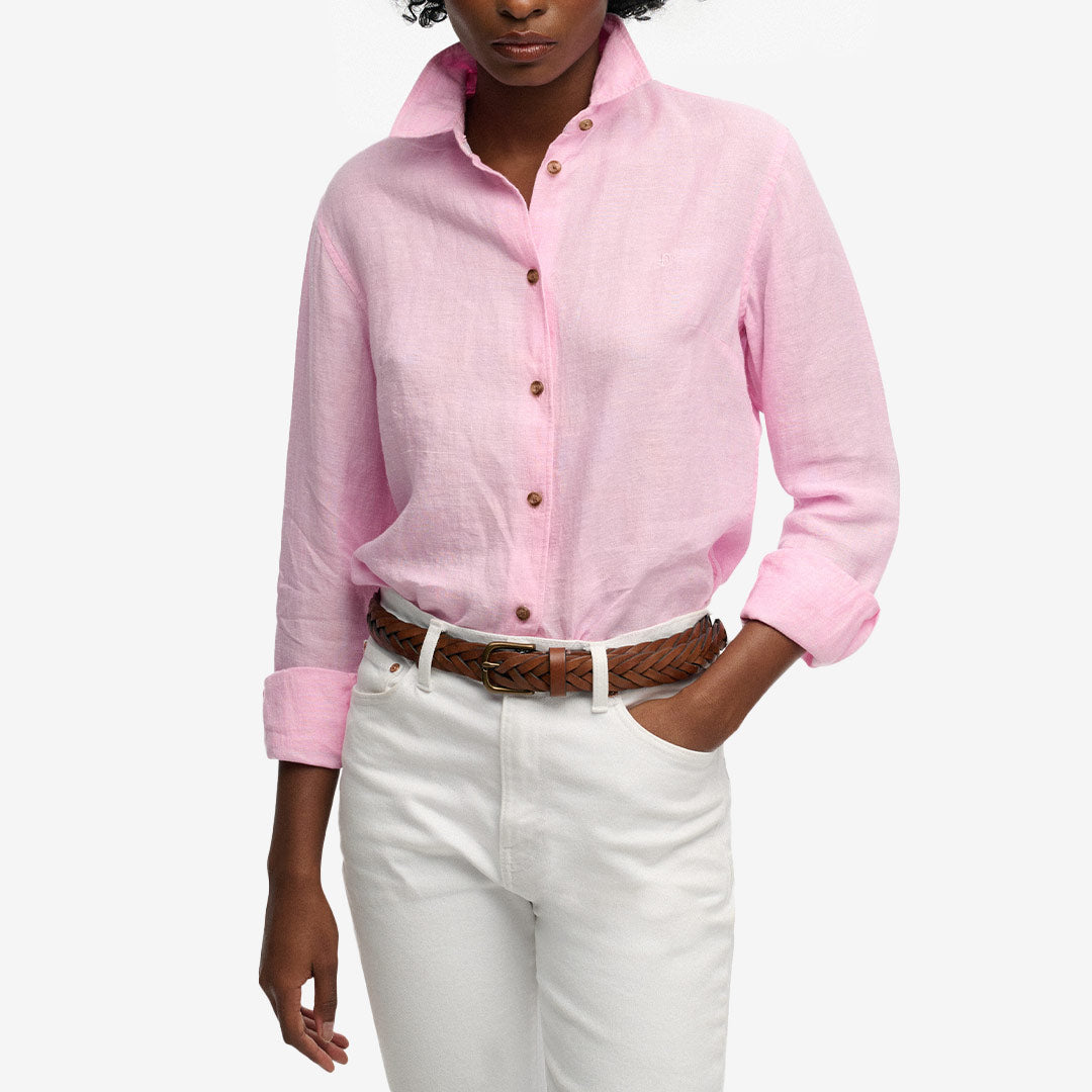 Superdry Premium Linen Slim Shirt – Rosa linneskjorta med klassisk krage och broderad logga