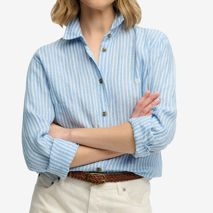 Superdry Premium Linen Slim Shirt – Blå randig linneskjorta med klassisk krage och broderad logga