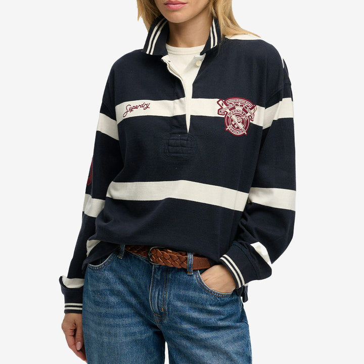 Superdry Crest Stripe Rugby Top Eclipse Navy Ecru randig rugbytröja dam