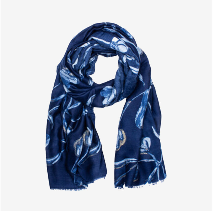 Blå mönstrad sjal i 100% polyester, modell Santa Cruz – tunn och elegant accessoar