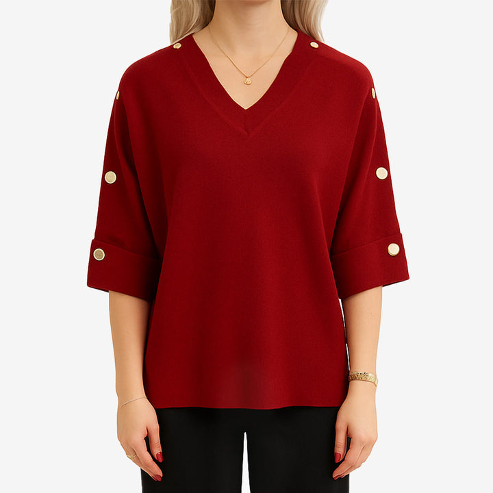 Stickad tröja v-neck m guldknappar