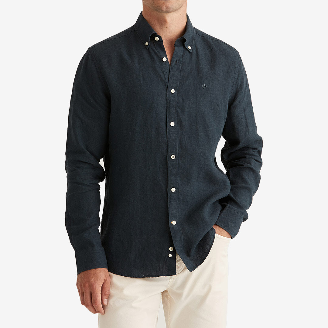 Morris Douglas BD Linen Shirt LS marinblå herrskjorta i linne